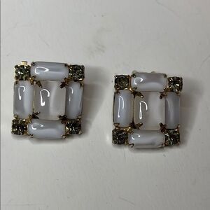 Vintage Style White and green stone clip on gold tone Earrings